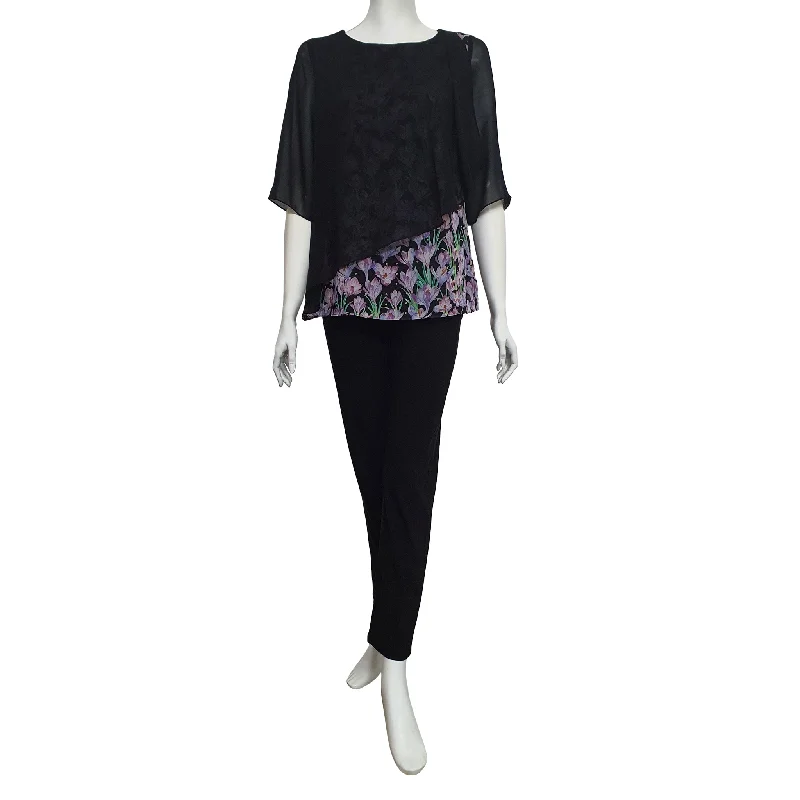 Joan Allen Floral Chiffon Overlay Blouse in Ebony Embellished Collar Blouse