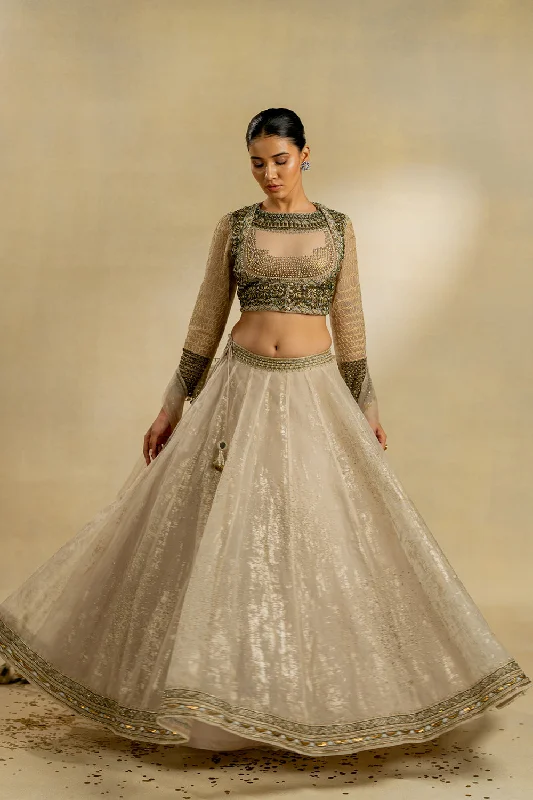 Ivory Foiled Organza Blouse And Lehenga Feminine Ruffle Blouse