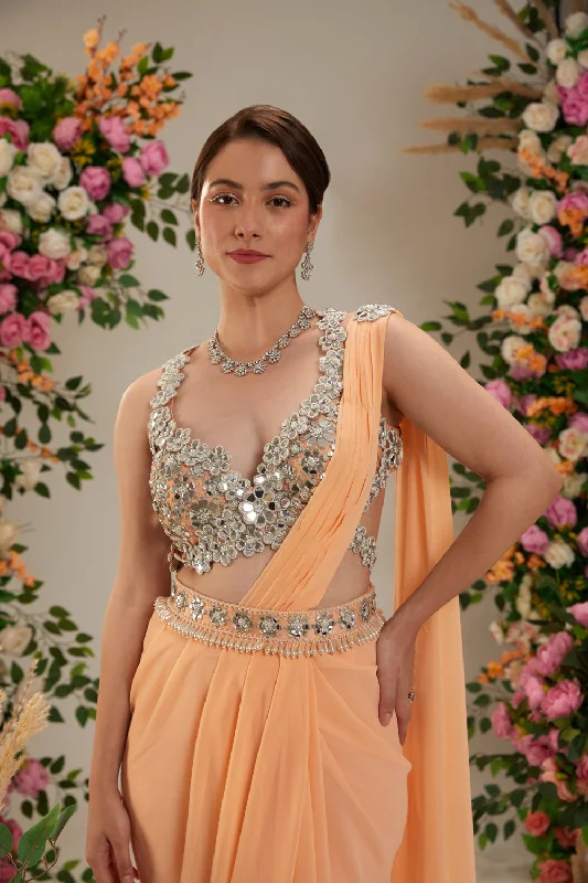 Peach Color- Dupion Blouse, Belt And Georgette Saree Classic Minimalist Blouse