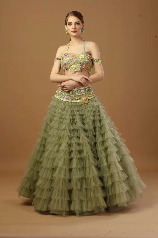 Heavy Frill Skirt In Net With Off Shoulder Blouse Pleated Collar Blouse