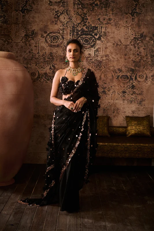 Black Embroidered Blouse With Embroidered Saree Classic Striped Blouse