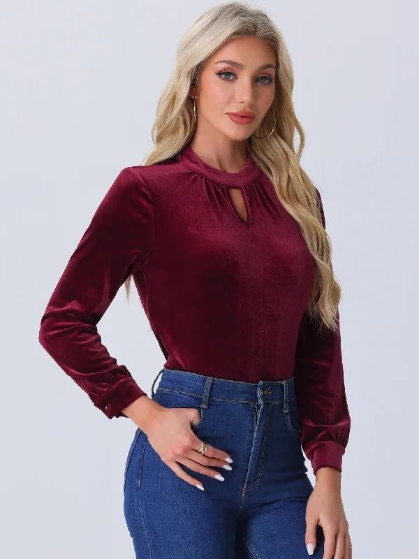 Velvet Long Sleeve Keyhole Elegant Casual Blouse Peter Pan Collar Blouse