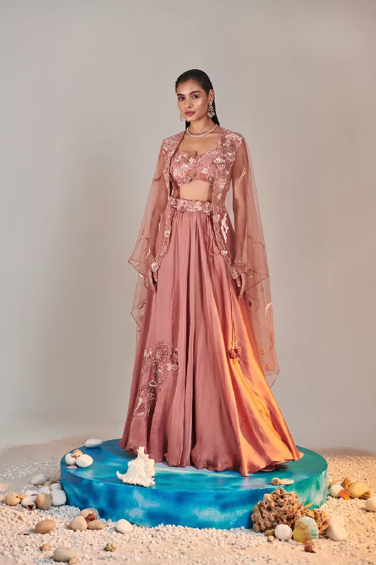 Salmon Pink Cutwork Blouse Applique Lehenga Sleeveless Chiffon Blouse