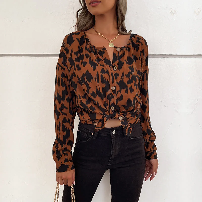 IKEARLAX Cross-border  popular Spring and Autumn New Hot Trade 2025 Commuter Top Long Sleeve Leopard Print Design Shirt Women-- Collared Crew Neck Turtle Neck