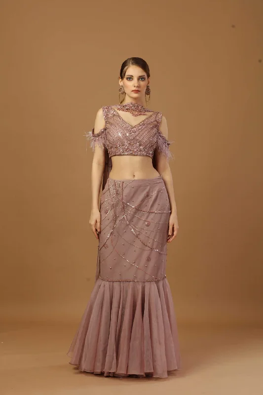 Fish Cut Skirt With Matching Tonal Blouse And A Narrow Neck Dupatta. Puff Sleeve Blouse Fish Cut Skirt With Matching Tonal Blouse And A Narrow Neck Dupatta. Puff Sleeve Blouse