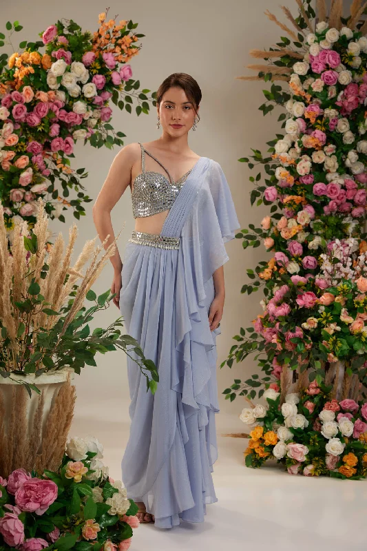 Powder Blue Shimmer Color- Dupion Blouse, Belt And Shimmer Georgette Saree Satin Bow Blouse