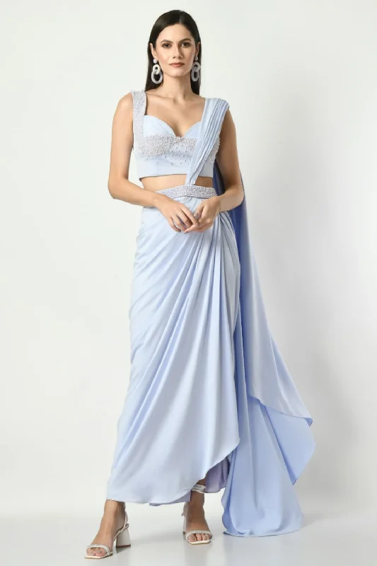 Drape Saree With Pearl Embroidered Draped Blouse Ruched Sleeve Blouse