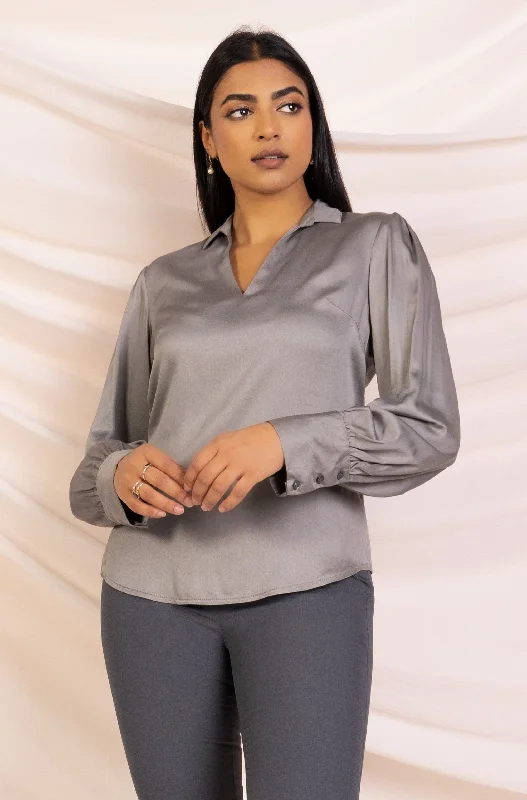 Grey Puff Sleeve Shirt Blouse Oversized Silk Blouse