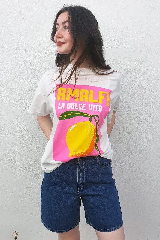 By Frankie - Amalfi Lemon T Shirt, White/ Pink-- Anti-Pilling Machine Wash Handmade