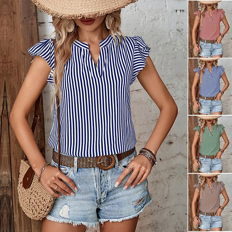 IKEARLAX New new summer women's clothing lotus leaf flying sleeve top stand-up collar 2025 Popular trade sleeveless striped shirt-- Hooded Caped Shawl Collar