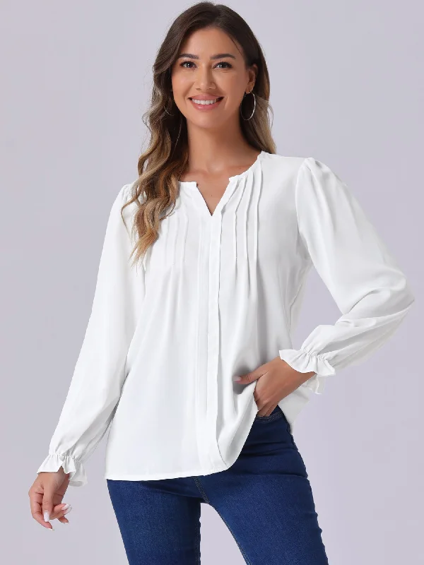Notch Neck Pleated Long Sleeve Casual Blouse Office-Ready Blouse