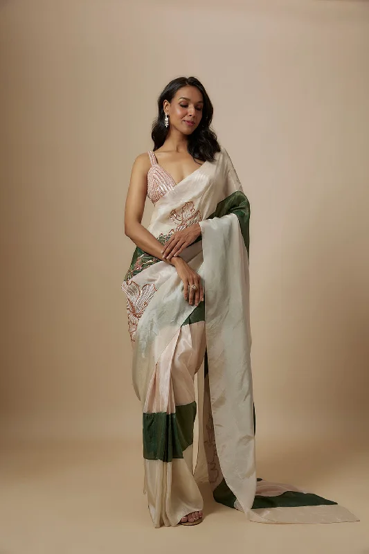 Green And Beige Colour Block Saree With Embroidered Blouse Chic Ruffle Blouse