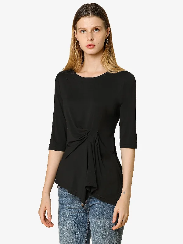 Asymmetrical Ruched Top Round Neck Half Sleeve Blouse Shirt Pleated Collar Blouse