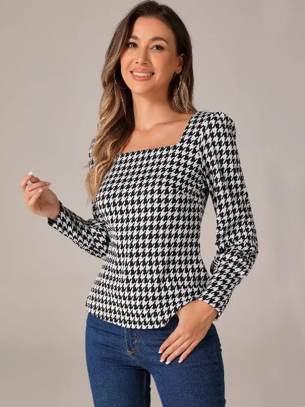 Houndstooth Square Neck Bishop Sleeve Casual Blouse Puff Sleeve Blouse
