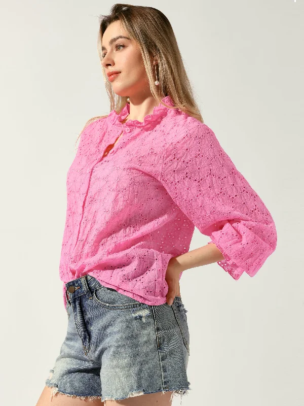 Ruffled Eyelet Long Sleeve Button-Up Blouse Lightweight Tunic Blouse