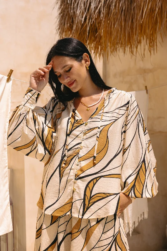 Rue Beige Abstract Balloon Sleeve Blouse Oversized Silk Blouse
