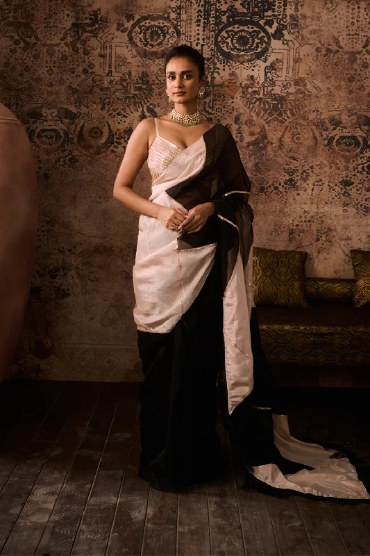 Peach Embroidered Blouse With Black And Peach Colour Block Saree Chic Off-Shoulder Blouse Peach Embroidered Blouse With Black And Peach Colour Block Saree Chic Off-Shoulder Blouse