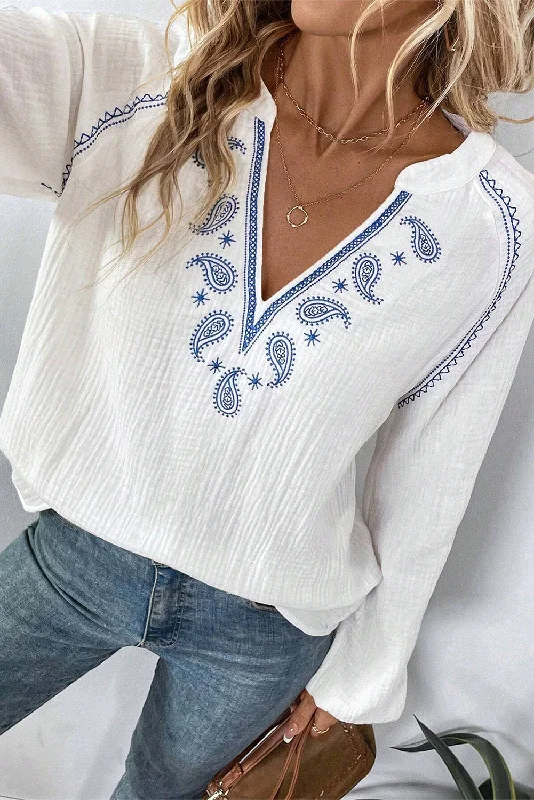 White Paisley Embroidered Textured Split Neck Long Puff Sleeve Blouse Oversized Silk Blouse White Paisley Embroidered Textured Split Neck Long Puff Sleeve Blouse Oversized Silk Blouse