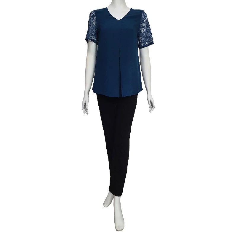 Joan Allen Lace Sleeves Blouse  in Peacock Blue Lightweight Linen Blouse