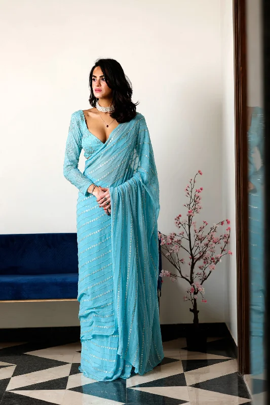 Blue Heavy Embroidered Saree With Embroidered Blouse Playful Puff Blouse