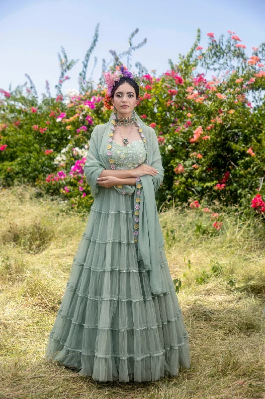 Organza Hand Embroidered Blouse With Layered Net Skirt And Hand Embroidered Chiffon Dupatta Floral Print Blouse