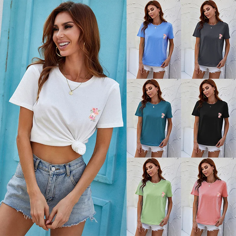 IKEARLAX Cross-border color t-shirt short-sleeved women's popular summer Popular trade women's clothing cartoon printed crew-neck top bottoming shirt-- Notch Collar Peter Pan Collar Cowl Neck