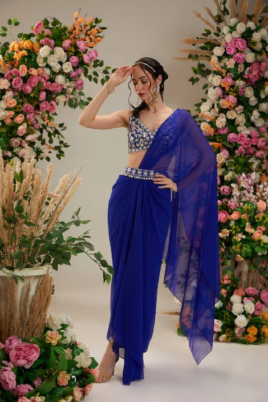 Cobalt Blue Color- Dupion Blouse, Belt And Georgette Saree Soft Knit Blouse