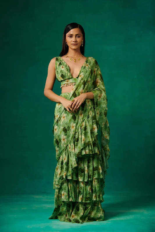 Green Floral Print Drape Saree With Ruffles And Plunge V Neck Blouse Classic White Blouse Green Floral Print Drape Saree With Ruffles And Plunge V Neck Blouse Classic White Blouse