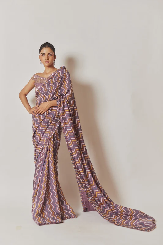 Lilac Shevron Saree + Hand Embroidered Off Shoulder Blouse Bell Sleeve Blouse