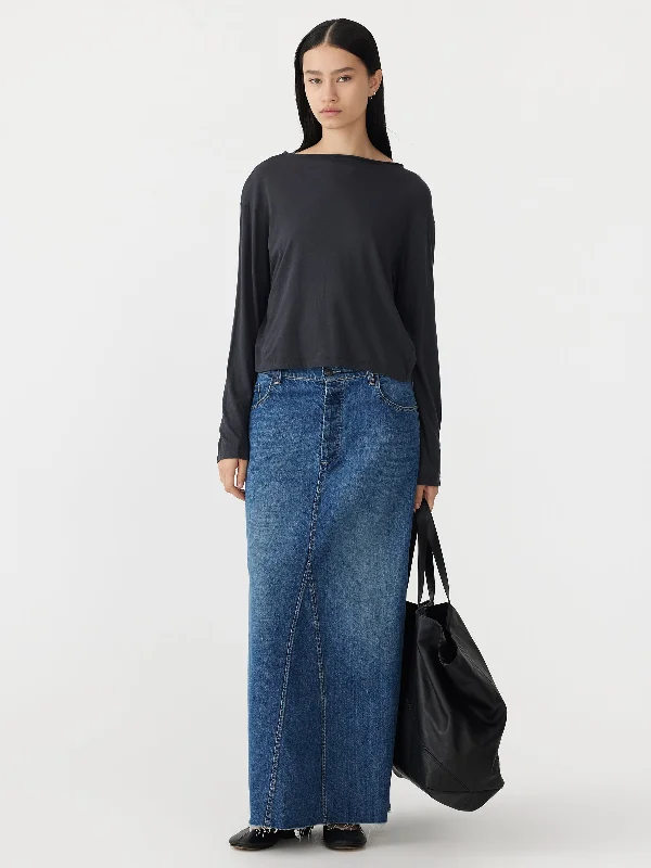 Raw Neck Boxy Long Sleeve T.Shirt-- Print Jacquard Patchwork
