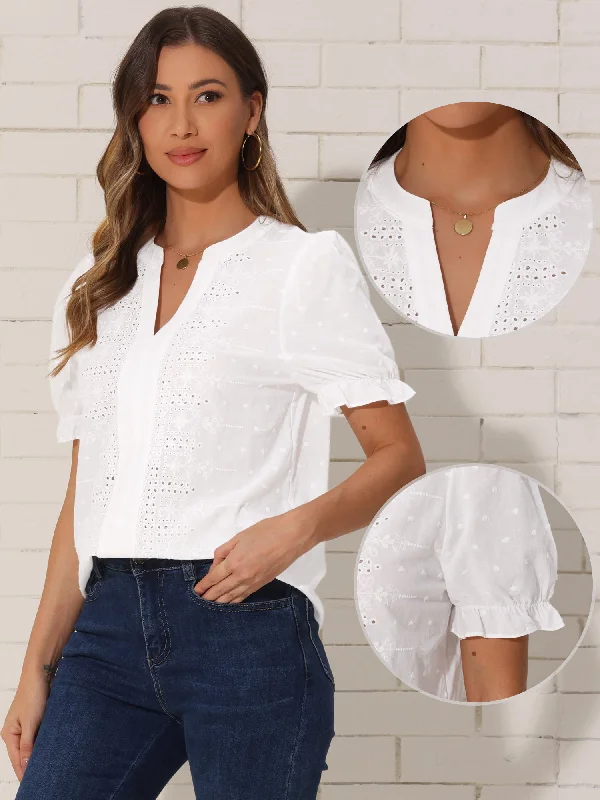 Eyelet Swiss Dots Puff Sleeves Notch Neck Blouse Satin Drape Blouse