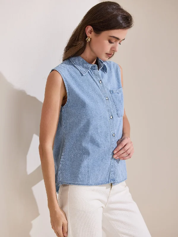 Collared Sleeveless Denim Button Down Pocket Blouse Short Sleeve Blouse