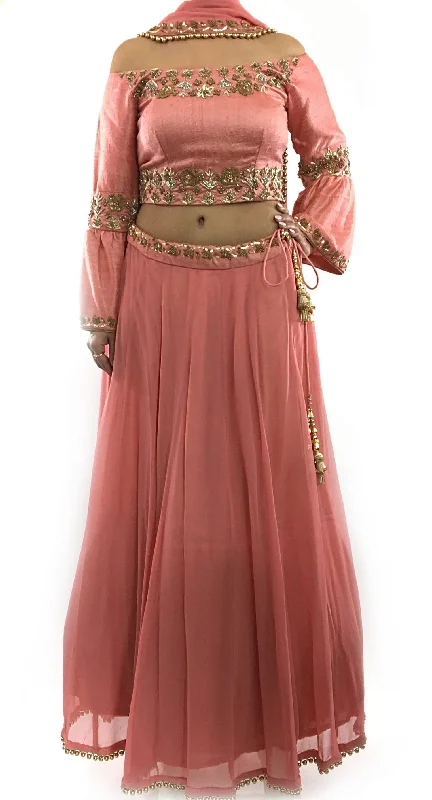 Pink Color Off Shoulder Blouse Lehenga Set with Zari Work Asymmetric Hem Blouse