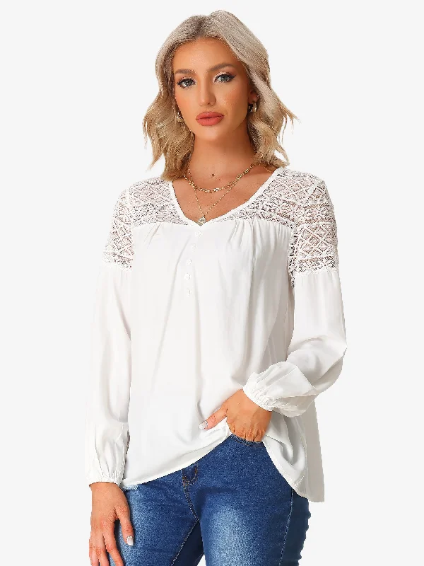 Boho Lace Panel Sheer V Neck Long Sleeve Blouse Puff Sleeve Blouse