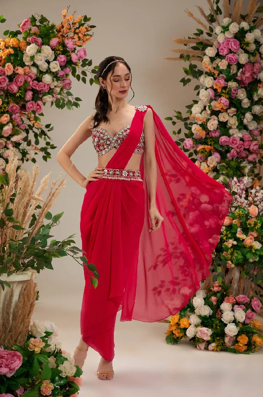 Hot Pink Color- Dupion Blouse, Belt And Georgette Saree Versatile Layering Blouse