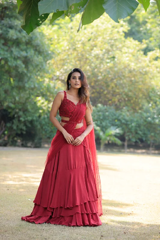 Ruby Red Embellished Lehenga With Drape Dupatta And Blouse Set Soft Knit Blouse