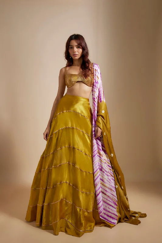 Mustard Block Skirt With Badla Embroidered blouse With Shibori Dupatta Soft Satin Blouse