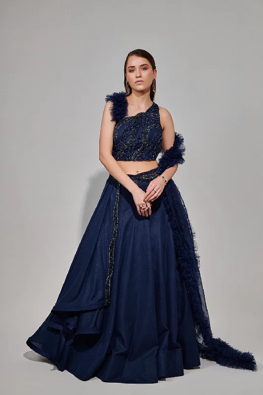 Midnight Blue Multi Layered Kali Lehenga With One Shoulder Blouse And Attached Ruffle Dupatta Elegant Lace Blouse Midnight Blue Multi Layered Kali Lehenga With One Shoulder Blouse And Attached Ruffle Dupatta Elegant Lace Blouse