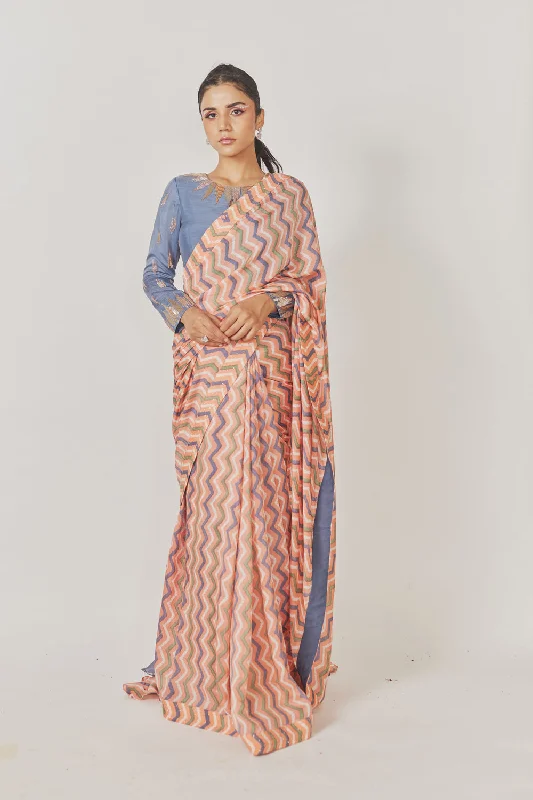 Peach Shevron Saree + Hand Embroidered Gray Full Sleevs Blouse Classic Striped Blouse