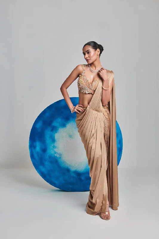 Champagne Gold Pre Stitch , Hand Pleated Drape Saree Set; Cutwork Blouse Casual Relaxed Fit Blouse Champagne Gold Pre Stitch , Hand Pleated Drape Saree Set; Cutwork Blouse Casual Relaxed Fit Blouse