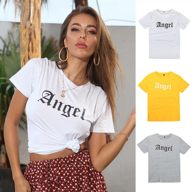 IKEARLAX New Popular trade 2025 women's clothing crew neck letter print white t-shirt short sleeve 2025n casual summer top-- Spandex Blend Rayon Blend Denim Blend