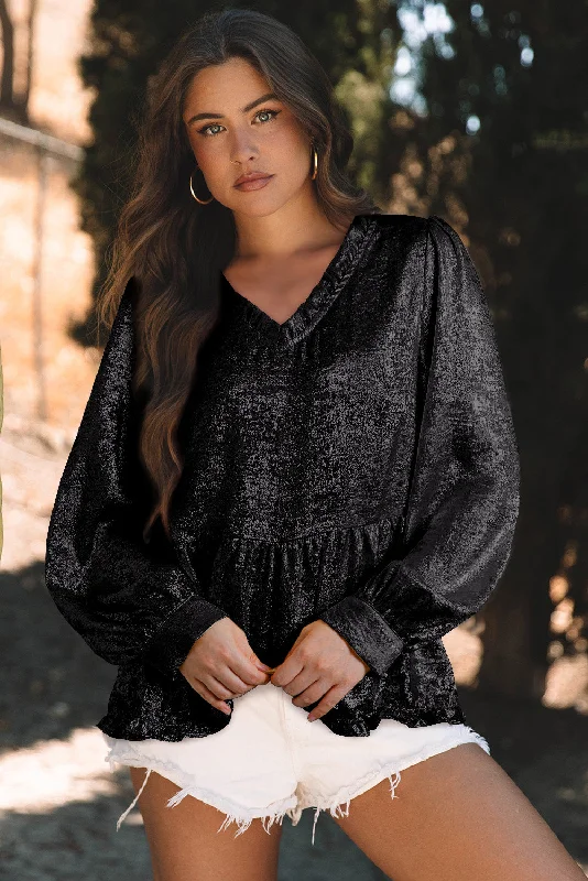 Black Metallic Frilled V Neck Puff Sleeve Babydoll Blouse Vintage Polka Blouse