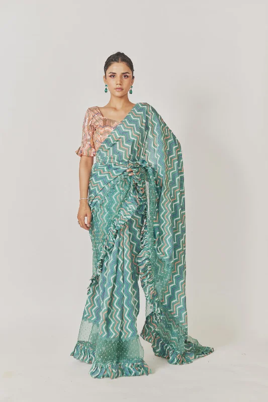 Sea Green Shevron Saree + Peach Shevron Blouse Wrap Front Blouse