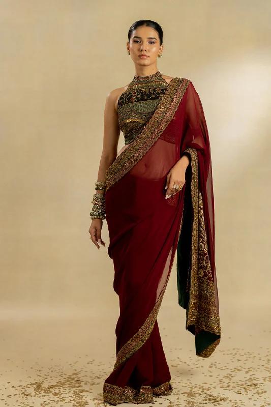 Pure Chiffon Saree And Emerald Green Blouse Off-Shoulder Wrap Blouse