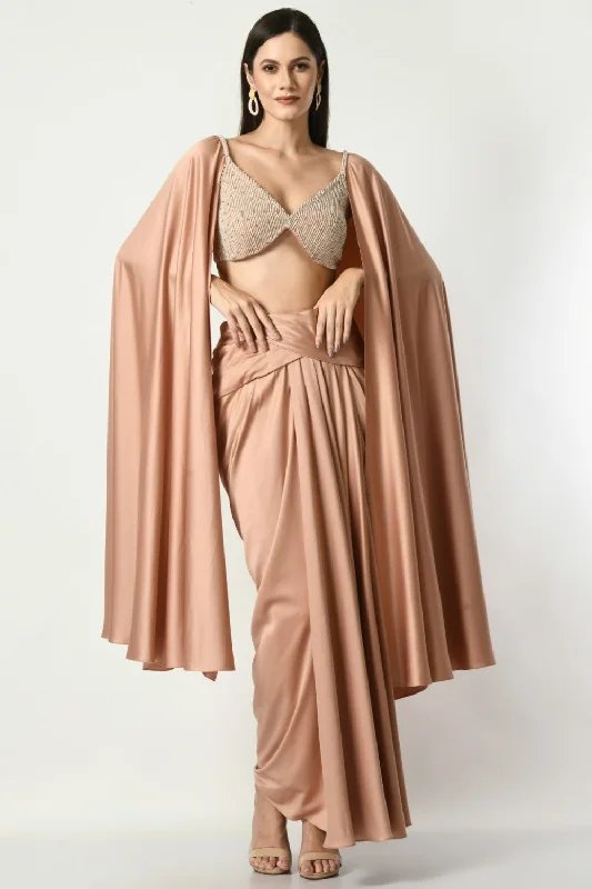 Drape Skirt With Pearl Embroidered Blouse With Open Cape Sleeves In Brown Color Lightweight Tunic Blouse