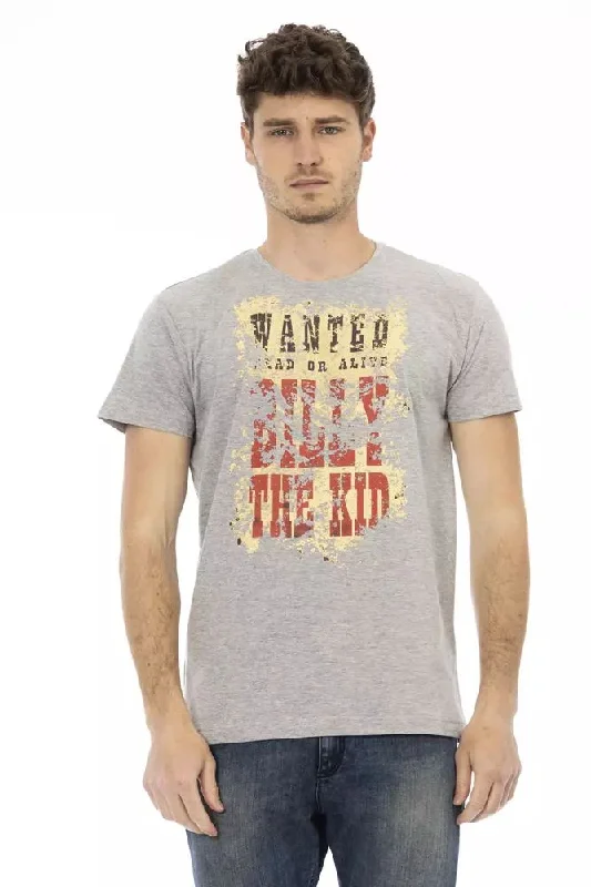 Gray Cotton Men T-shirt-- Denim Fabric Leather Fabric Suede Fabric