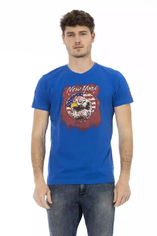Blue Cotton Men T-shirt-- Beaded Sequined Faux Fur