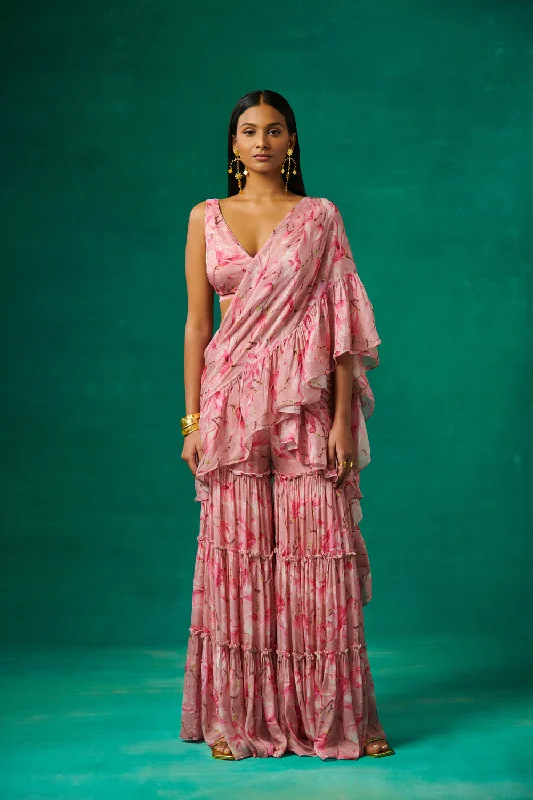 Pink Tulip Printed Garara With Attached Drape And Plunge V Neck Blouse Elegant Silk Blouse Pink Tulip Printed Garara With Attached Drape And Plunge V Neck Blouse Elegant Silk Blouse