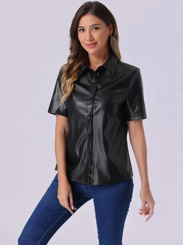 PU Leather Button Down Short Sleeve Collar Blouse Soft Modal Blouse