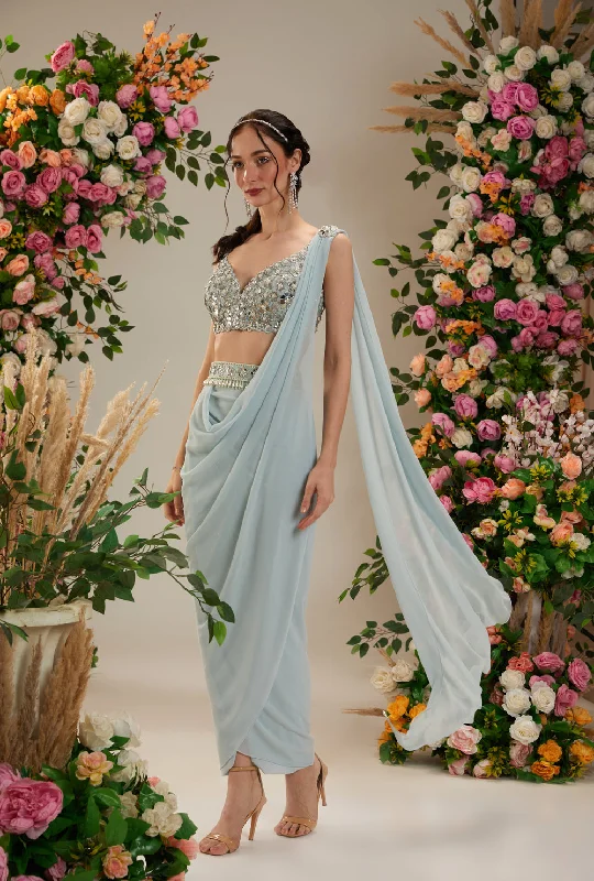 Ice Blue Color- Dupion Blouse, Belt And Georgette Saree Elegant Peplum Blouse